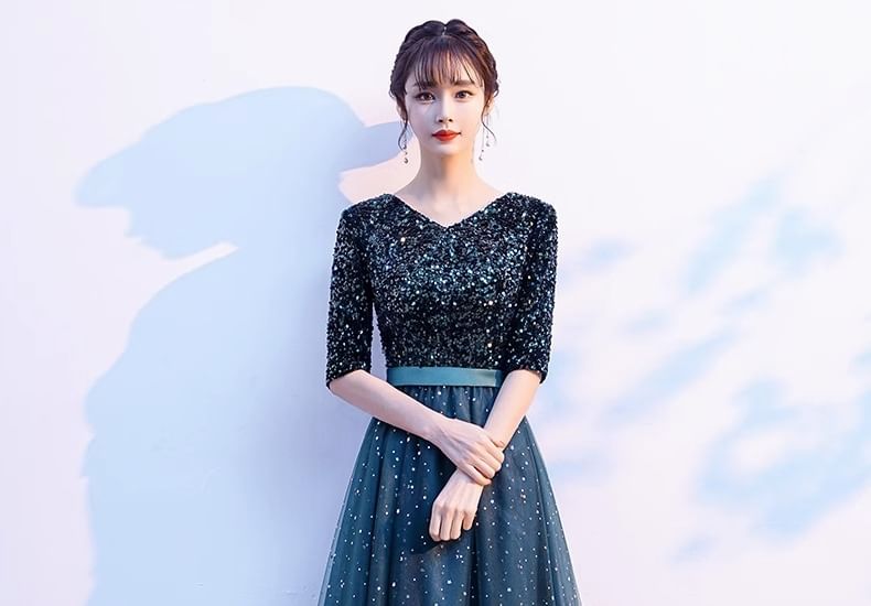 Sequin Evening A-Line Gown Elbow-Sleeve V-Neck