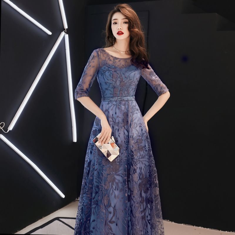Dress A-Line Lace / Gown Elbow-Sleeve High Evening Low