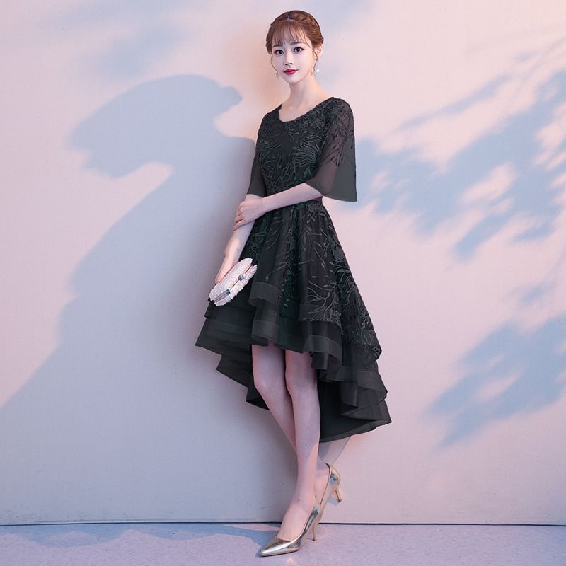 Dress A-Line Lace / Gown Elbow-Sleeve High Evening Low