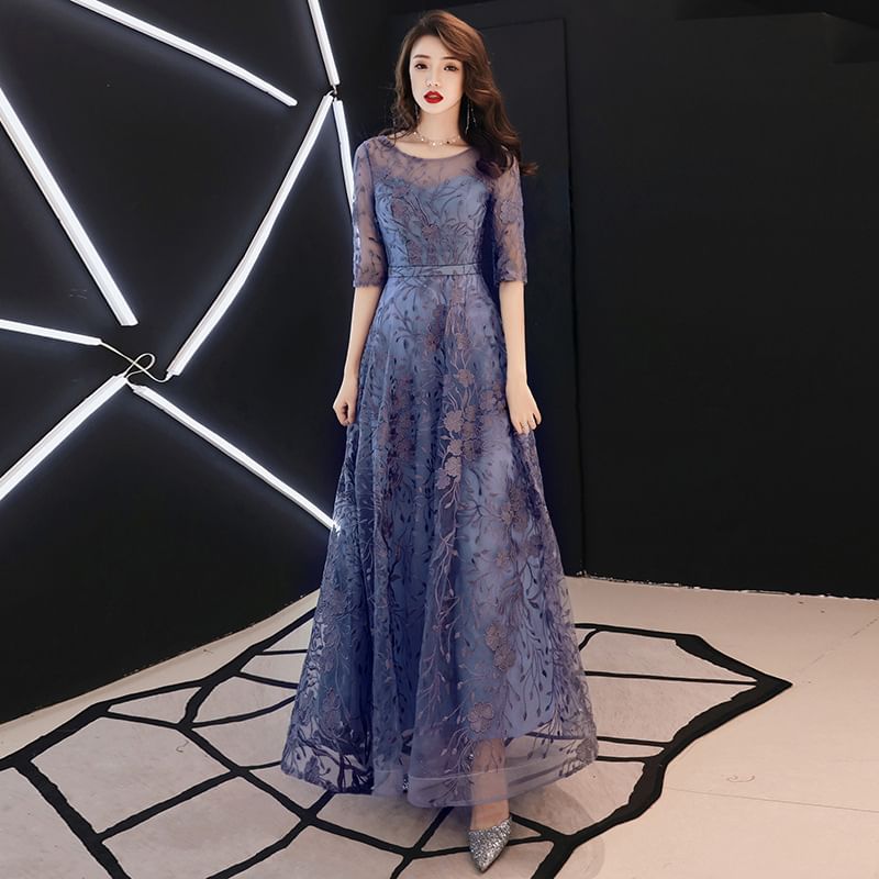 Dress A-Line Lace / Gown Elbow-Sleeve High Evening Low