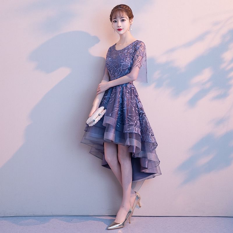 Dress A-Line Lace / Gown Elbow-Sleeve High Evening Low