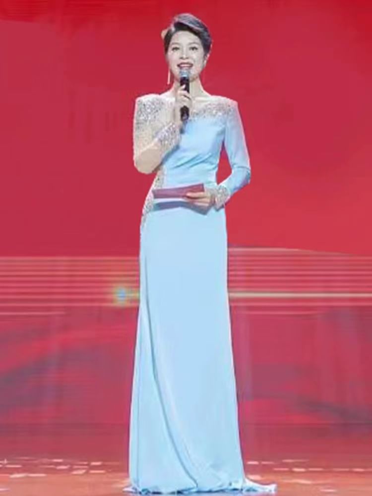 Rhinestone Gown Evening A-Line Sheer Long-Sleeve Panel