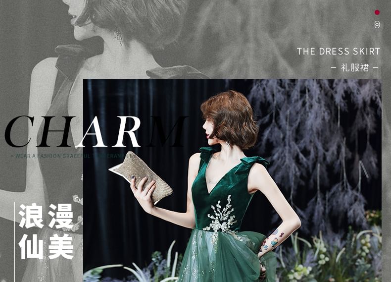 Applique A-Line Panel Sleeveless Midi / Cocktail Dress Evening Velvet Sequin Floral Bow Mesh Gown V-Neck