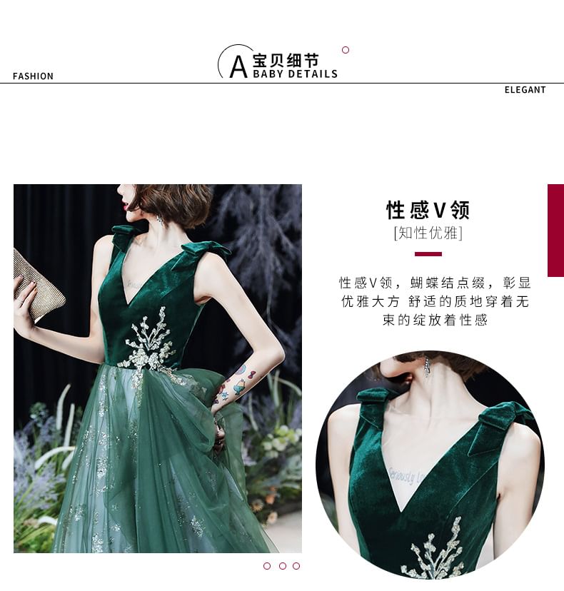 Applique A-Line Panel Sleeveless Midi / Cocktail Dress Evening Velvet Sequin Floral Bow Mesh Gown V-Neck