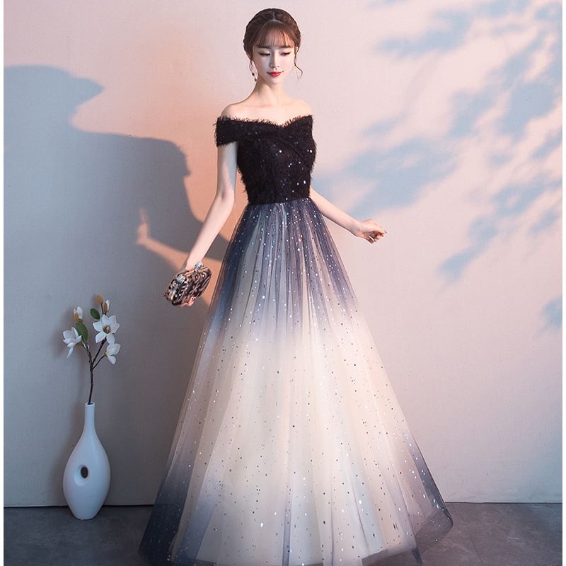 Mesh Shoulder Sequin Short Sleeve Off Panel Evening Gradient A-Line Gown