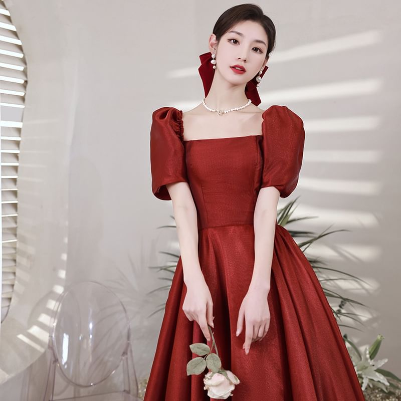 Sleeve Plain Short Gown Evening A-Line Square Neck