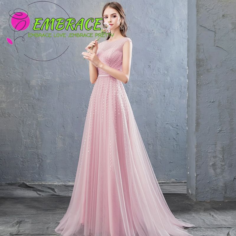 Gown Evening A-Line Neck Mesh Sleeveless Plain Round Sequin