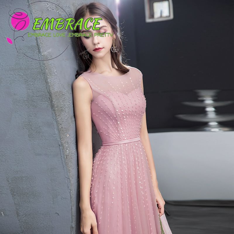 Gown Evening A-Line Neck Mesh Sleeveless Plain Round Sequin