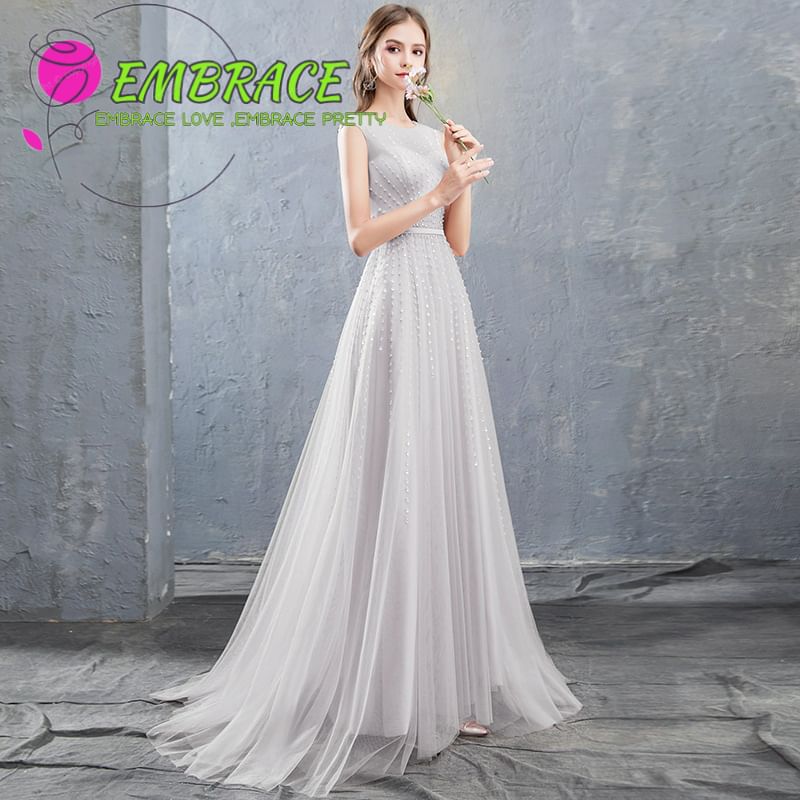 Gown Evening A-Line Neck Mesh Sleeveless Plain Round Sequin