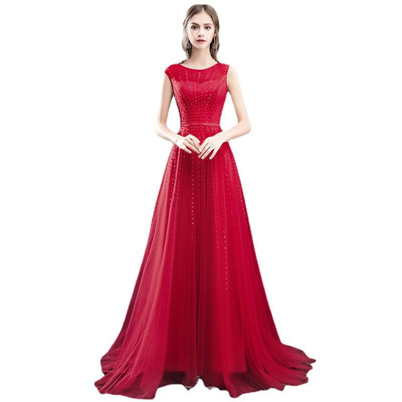 Gown Evening A-Line Neck Mesh Sleeveless Plain Round Sequin