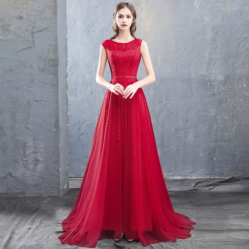 Gown Evening A-Line Neck Mesh Sleeveless Plain Round Sequin