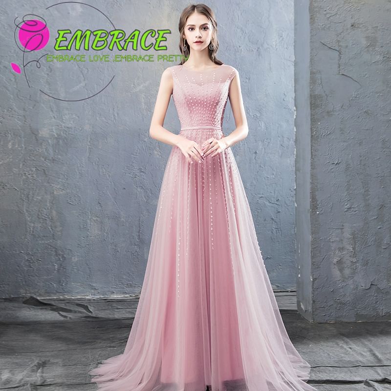 Gown Evening A-Line Neck Mesh Sleeveless Plain Round Sequin
