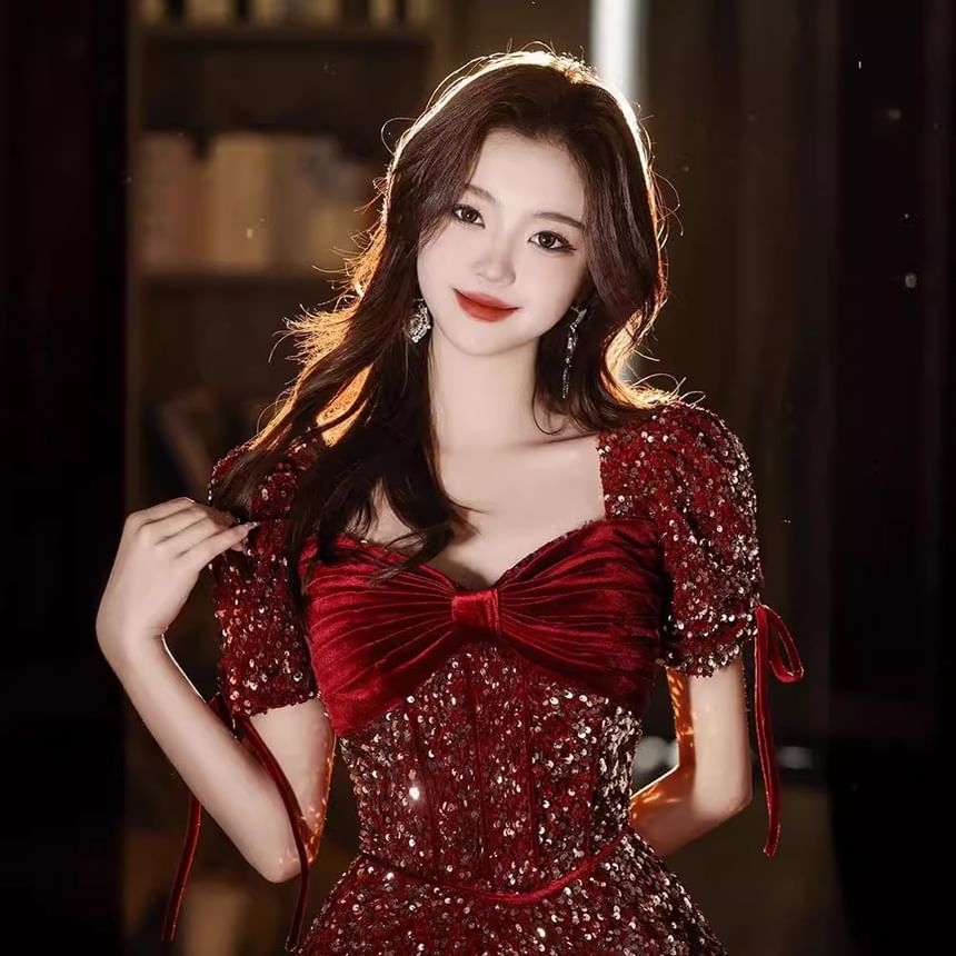 A-Line V-Neck Puff-Sleeve Bow Sequin Gown Accent Evening