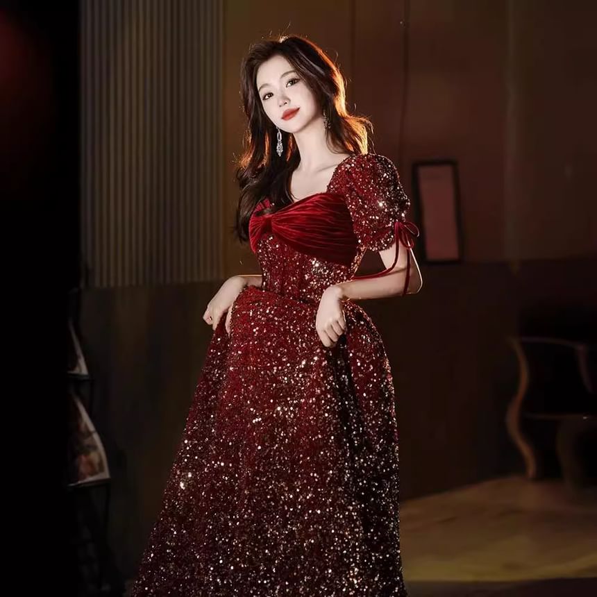 A-Line V-Neck Puff-Sleeve Bow Sequin Gown Accent Evening