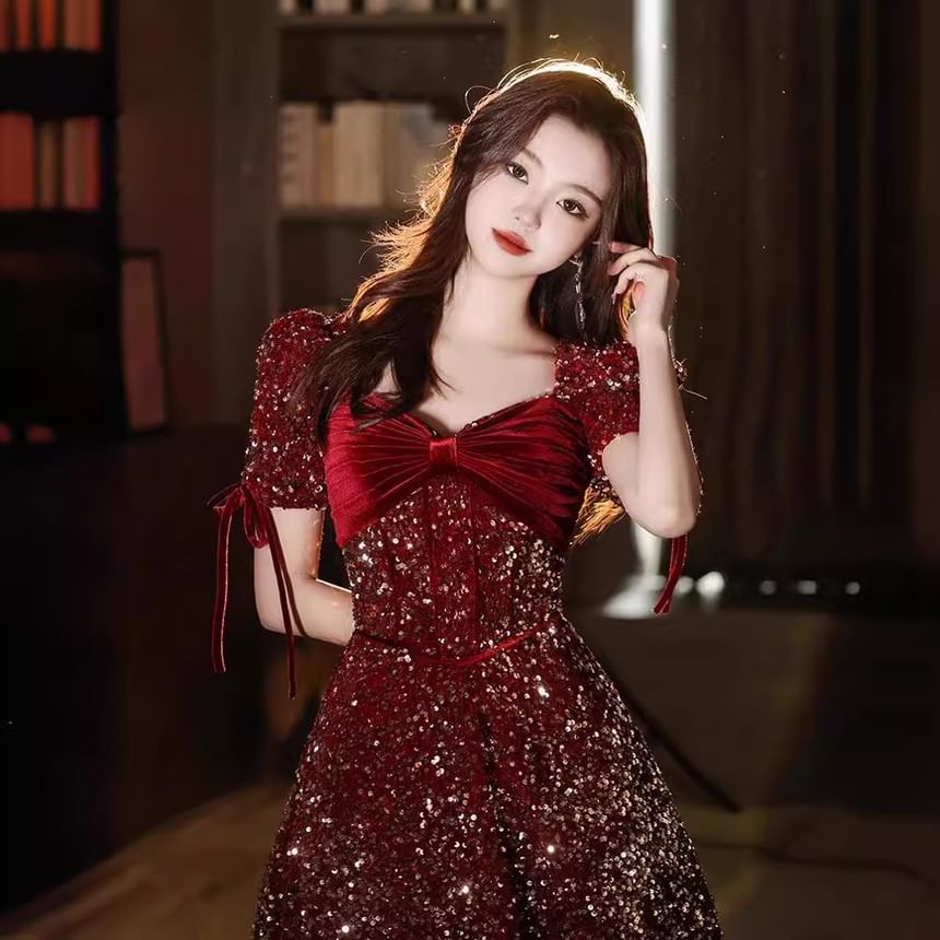 A-Line V-Neck Puff-Sleeve Bow Sequin Gown Accent Evening