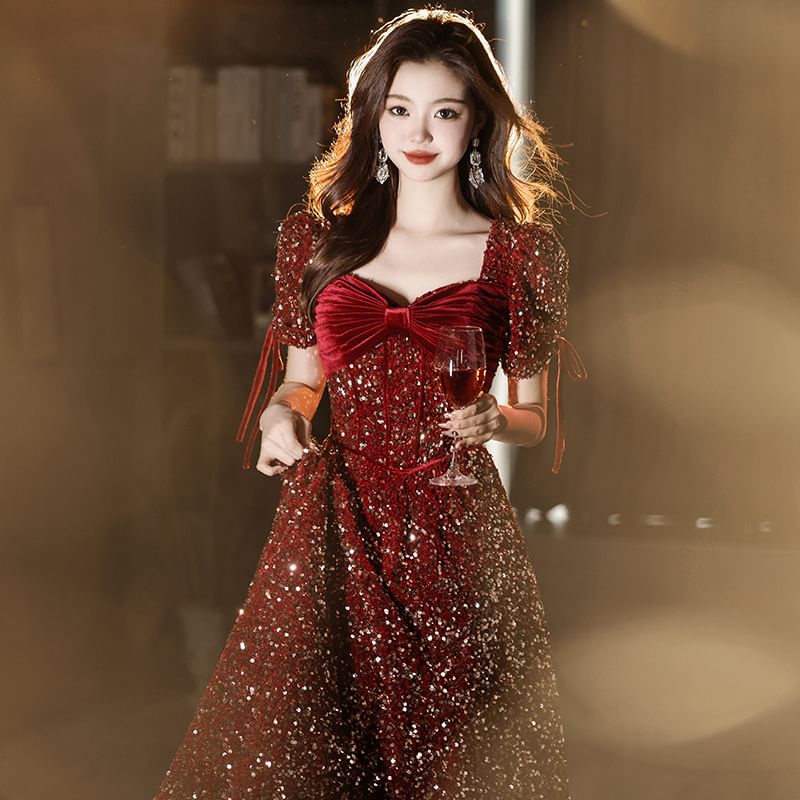 A-Line V-Neck Puff-Sleeve Bow Sequin Gown Accent Evening