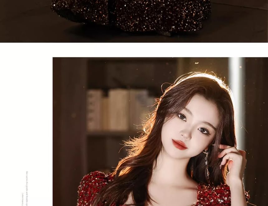 A-Line V-Neck Puff-Sleeve Bow Sequin Gown Accent Evening
