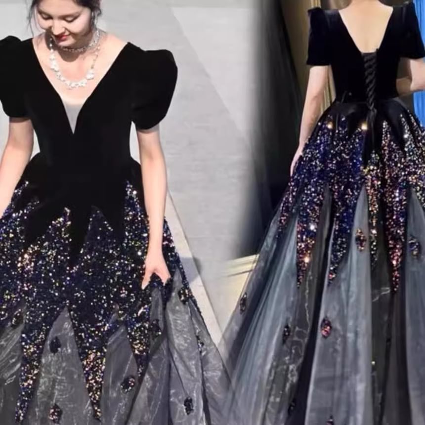 Evening Puff-Sleeve V-Neck Sequin Gown A-Line