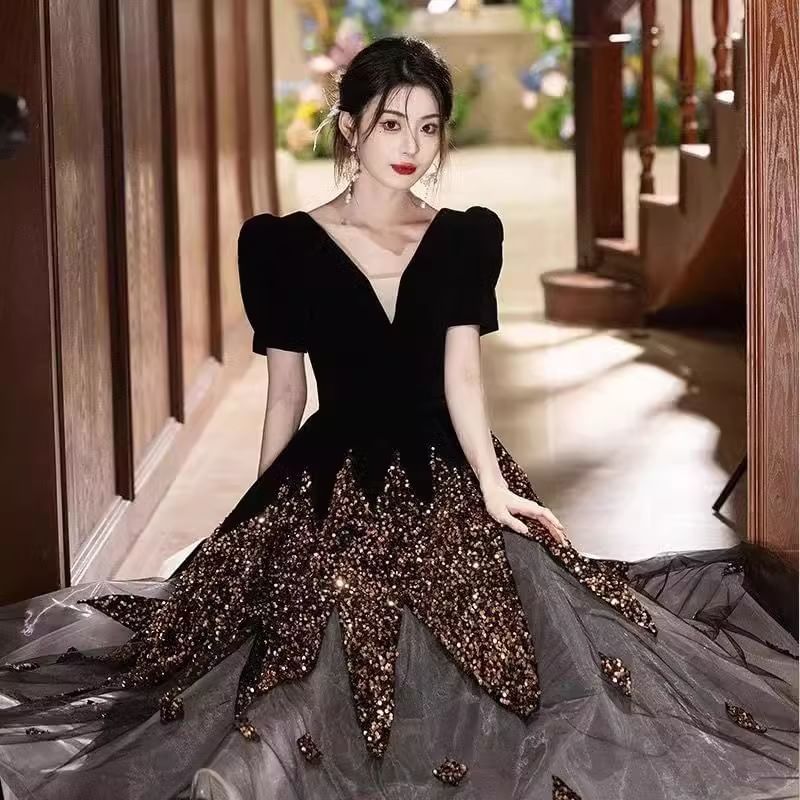 Evening Puff-Sleeve V-Neck Sequin Gown A-Line