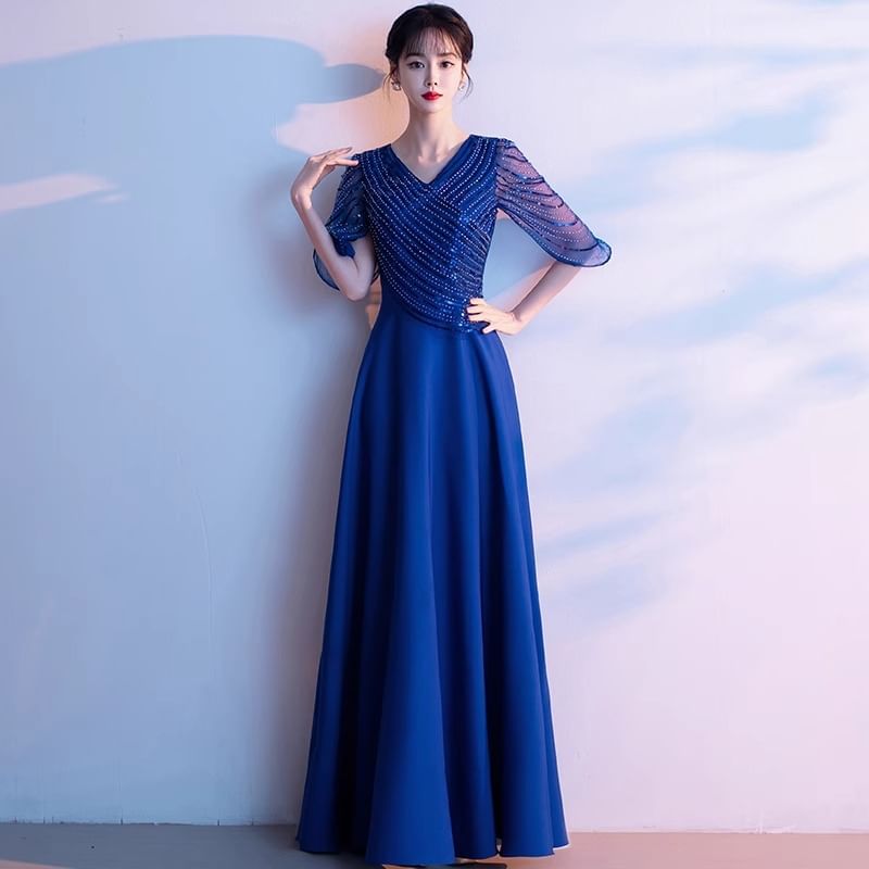 Gown A-Line V-Neck Sequin Evening 3/4-Sleeve