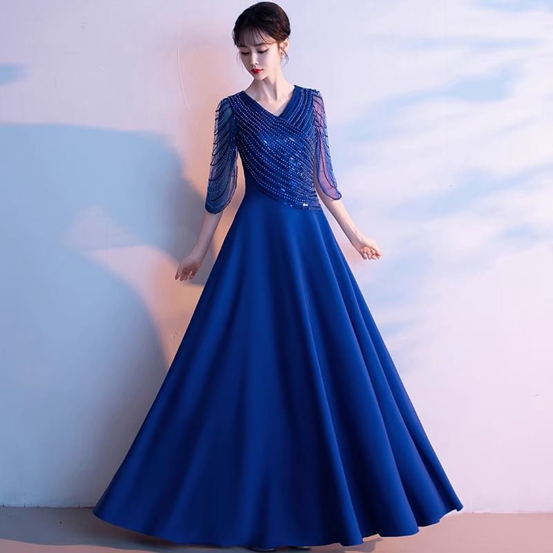 Gown A-Line V-Neck Sequin Evening 3/4-Sleeve