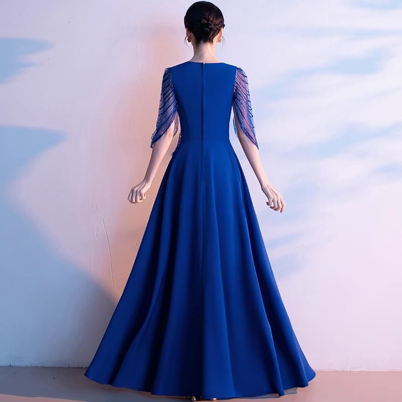 Gown A-Line V-Neck Sequin Evening 3/4-Sleeve