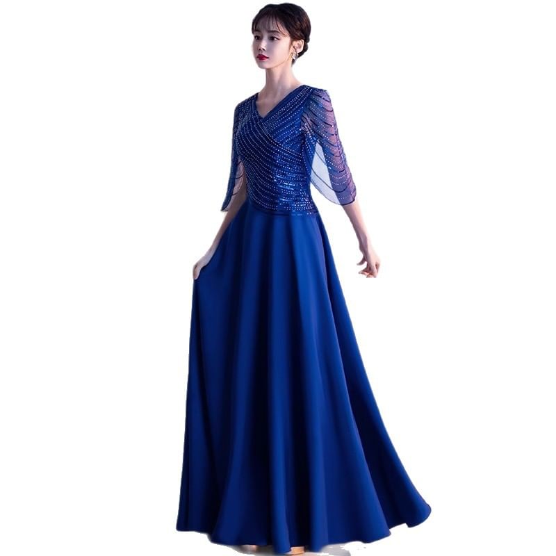 Gown A-Line V-Neck Sequin Evening 3/4-Sleeve