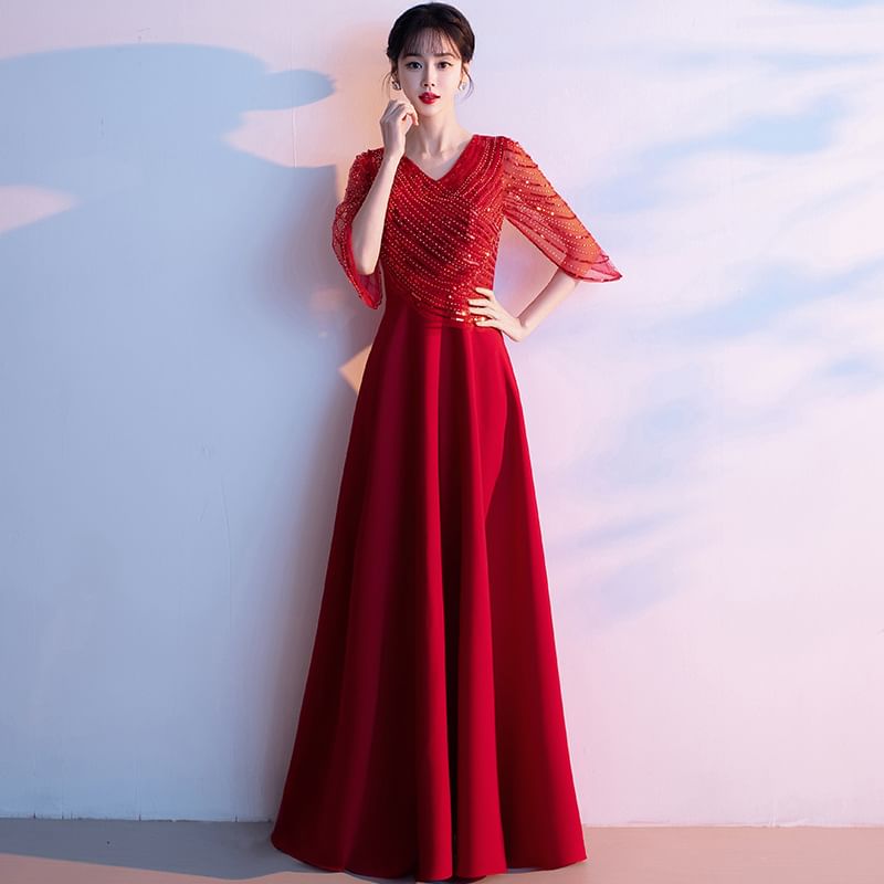 Gown A-Line V-Neck Sequin Evening 3/4-Sleeve