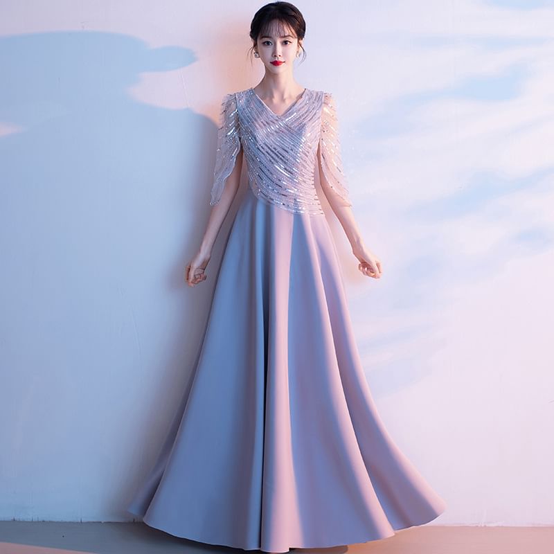 Gown A-Line V-Neck Sequin Evening 3/4-Sleeve