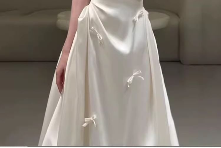 Accent Ruched Off-Shoulder Plain Gown Satin A-Line Bow Wedding