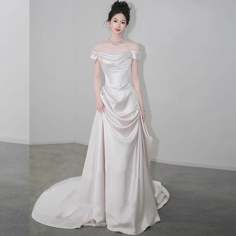 Trained Shoulder Off Wedding Gown A-Line