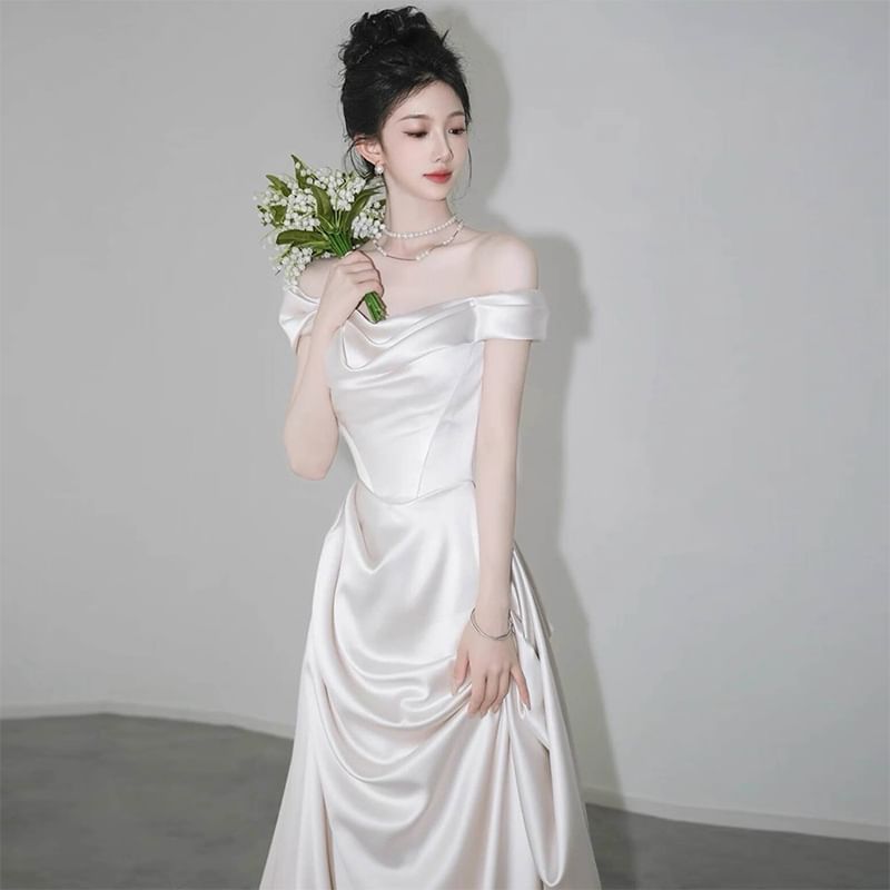 Trained Shoulder Off Wedding Gown A-Line