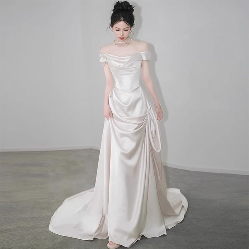 Trained Shoulder Off Wedding Gown A-Line