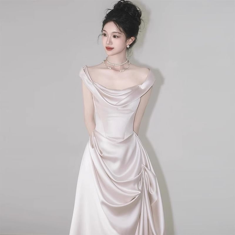 Trained Shoulder Off Wedding Gown A-Line