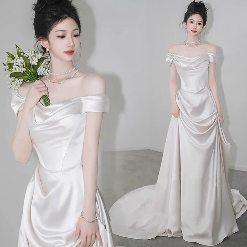 Trained Shoulder Off Wedding Gown A-Line