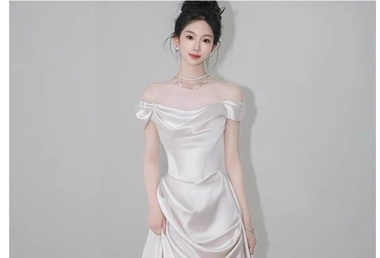 Trained Shoulder Off Wedding Gown A-Line