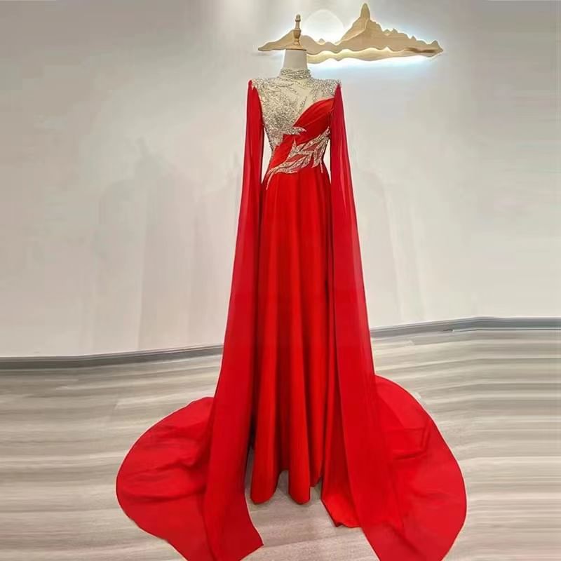 Cape-Sleeve Sequin Panel A-Line Evening Gown