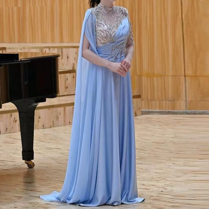 Cape-Sleeve Sequin Panel A-Line Evening Gown