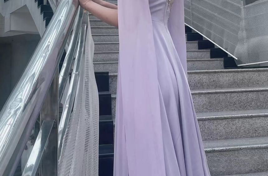 Cape-Sleeve Sequin Panel A-Line Evening Gown