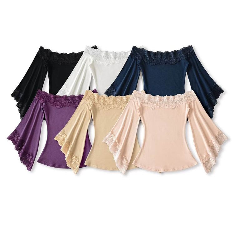 Lace-Trim Off-Shoulder Plain 3/4-Sleeved Crop Tee