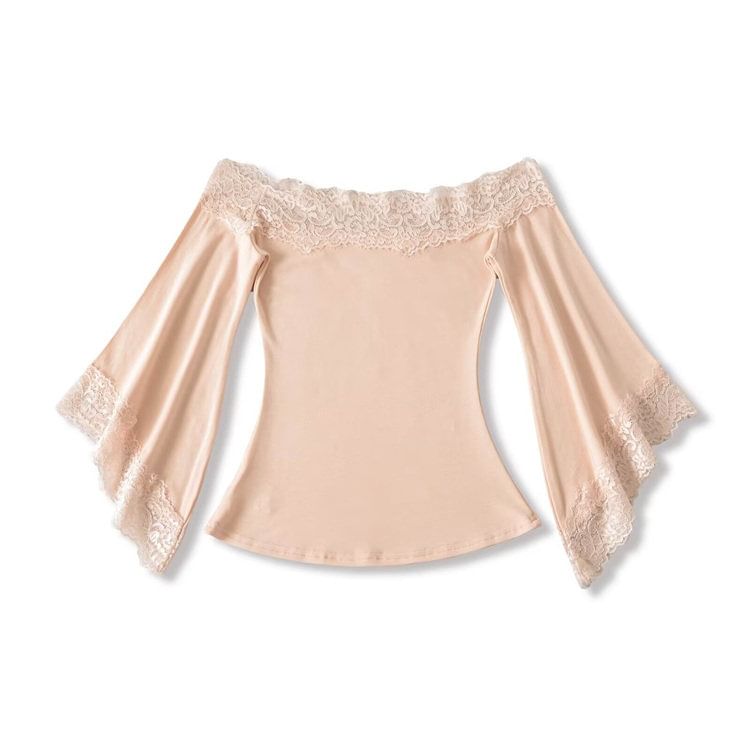 Lace-Trim Off-Shoulder Plain 3/4-Sleeved Crop Tee