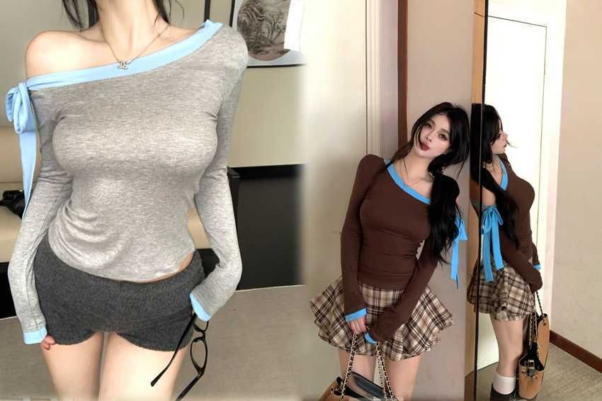 Contrast Trim Off-Shoulder Long Sleeve Tee