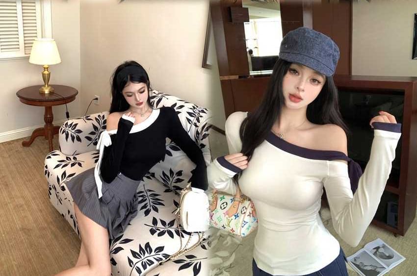 Contrast Trim Off-Shoulder Long Sleeve Tee