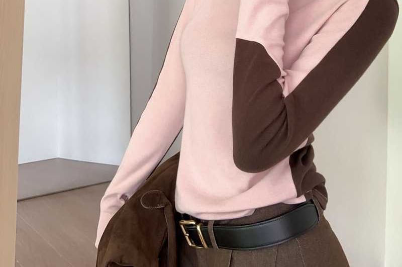 Turtleneck Long Sleeve Two Tone Slim Tee