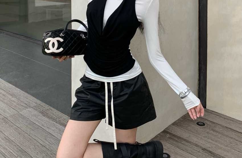 Mock Two-Piece Halter Cowl Neck Off-Shoulder Tee