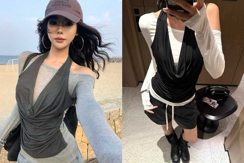 Mock Two-Piece Halter Cowl Neck Off-Shoulder Tee