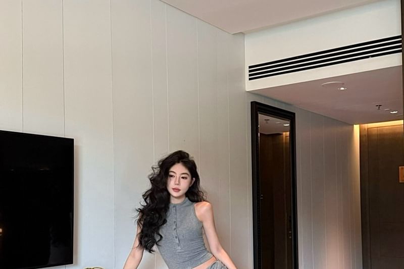 Mock Neck Half Button Crop Tank & Mermaid Skirt
