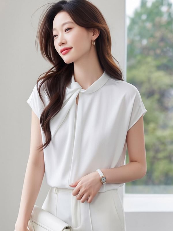 Tie Neck Cap Sleeve Simple Blouse
