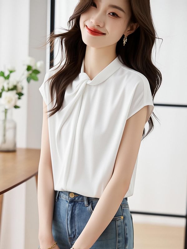 Tie Neck Cap Sleeve Simple Blouse