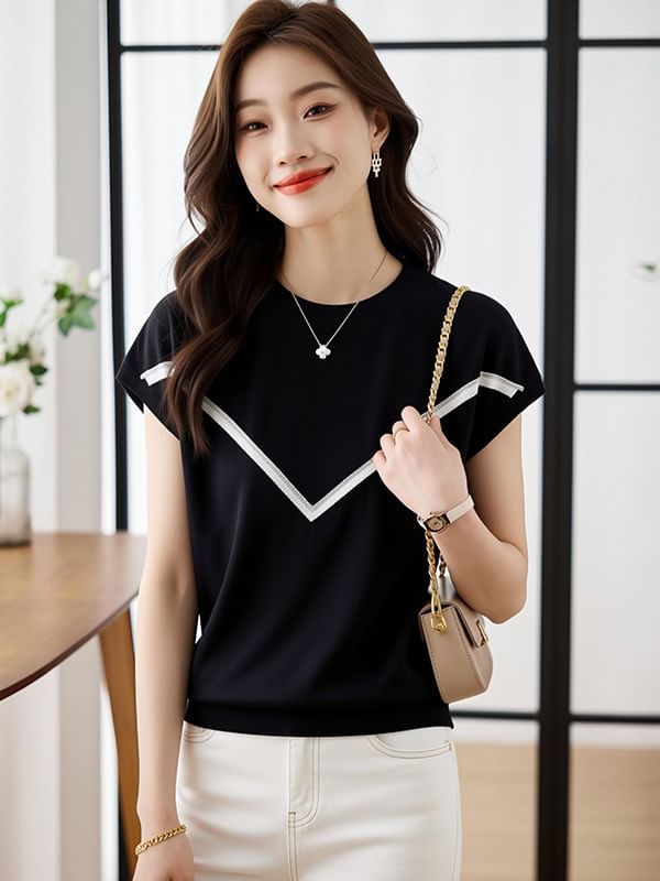 Two Tone Crewneck Short Sleeve Knit Top